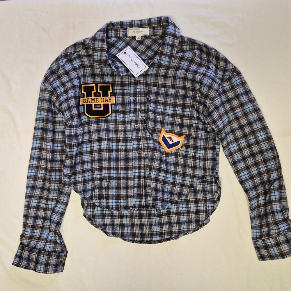 No Comment Womens Small Plaid Flannel Button Down Shirt Game Day Patches‎ Blue